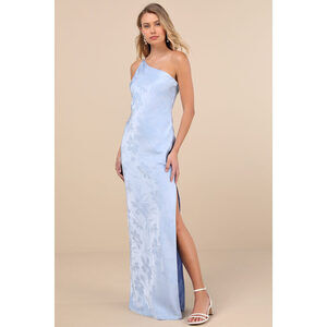 Lulus Nadra Light Blue Satin Jacquard One-shoulder Maxi Dress - Size L